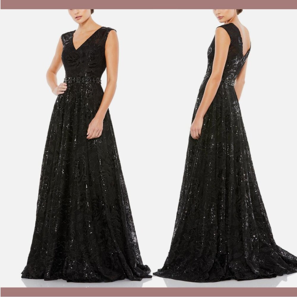 NWT‎ $698 Mac Duggal [ 10 ] Roses Embroidered Cap Sleeve A-Line Gown Black #Q683